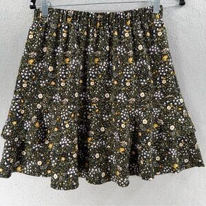 Loft Flutter Mini Skirt Womens Size SP Petite Black Tiered Ditsy Cottagecore